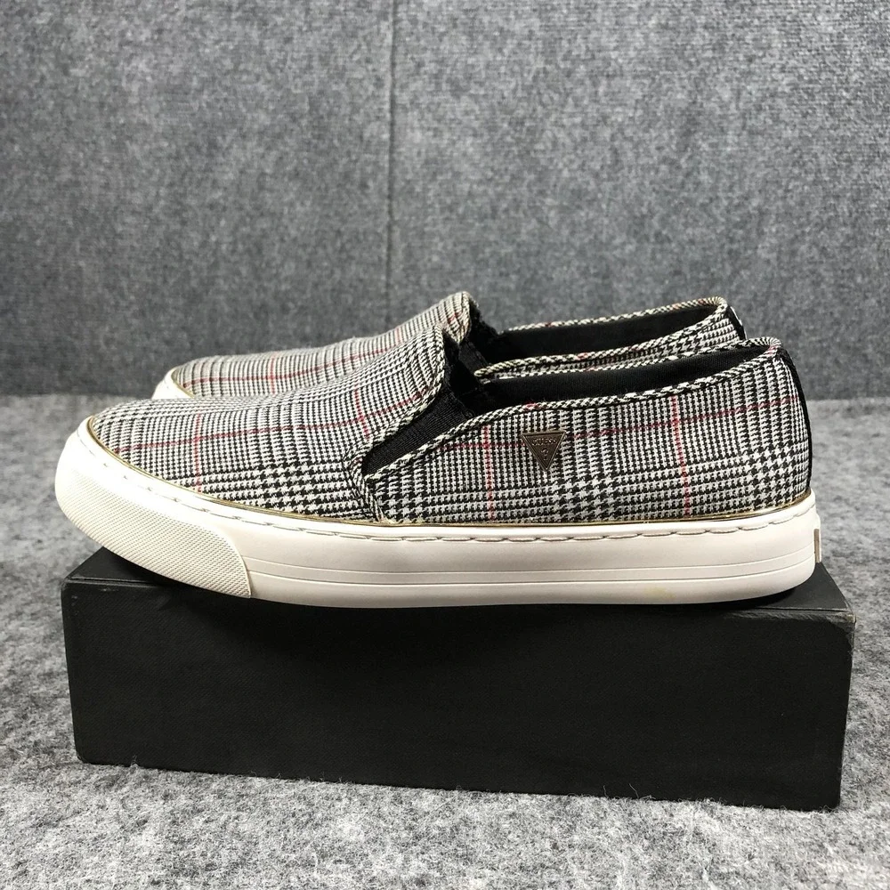 GUESS Slip On‎ Shoes Womens 8.5 Gray Plaid Textile Sneakers GFGGLADIS12